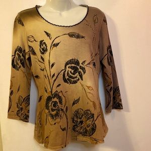 Brown Stretch Fitted Floral Print Long Sleeve Top